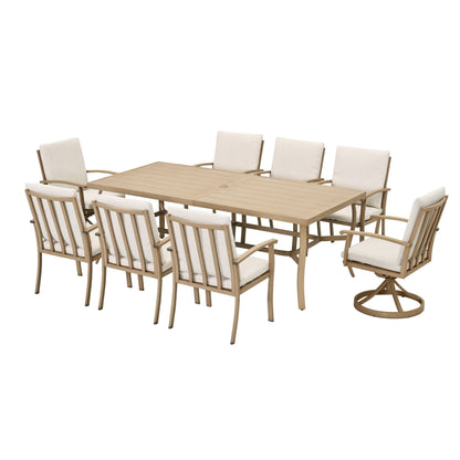 EGEIROS LIFE AluLux Ensemble de repas de patio en aluminium 9 pièces avec 2 chaises pivotantes, 6 chaises de repas et coussins lavables
