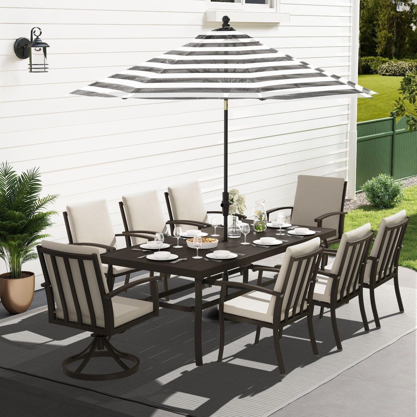 EGEIROS LIFE AluLux Ensemble de repas de patio en aluminium 9 pièces avec 2 chaises pivotantes, 6 chaises de repas et coussins lavables