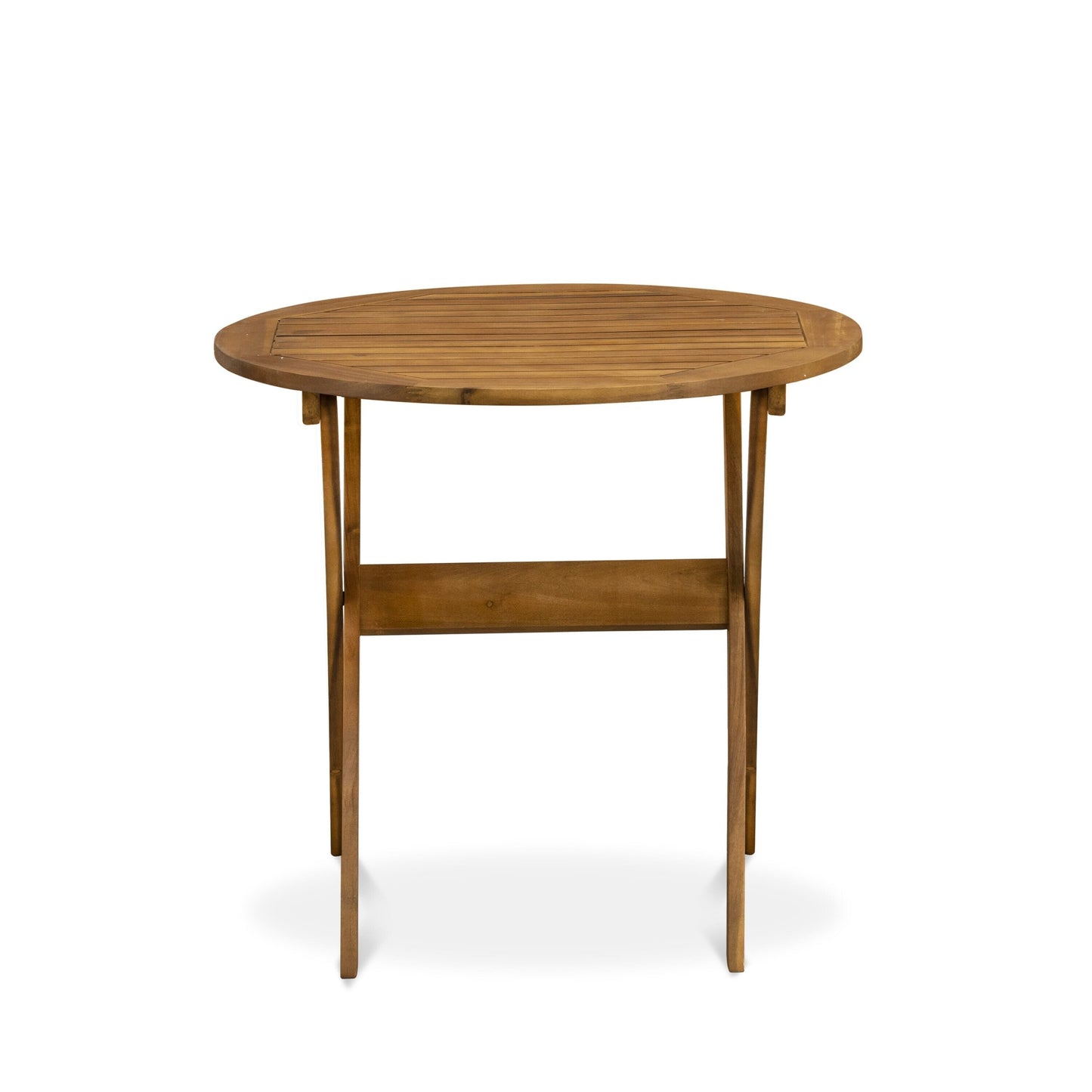 East West Furniture Ensemble de Bistro d'extérieur pour conversation comprenant une table basse ronde en bois et 2 chaises latérales pliantes, finition naturelle huilée.