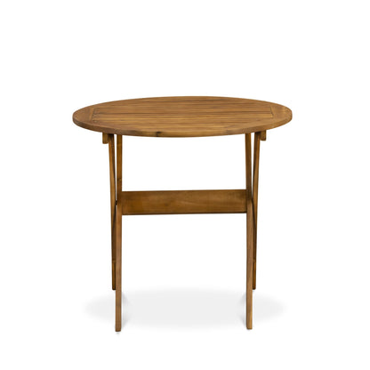 East West Furniture Ensemble de Bistro d'extérieur pour conversation comprenant une table basse ronde en bois et 2 chaises latérales pliantes, finition naturelle huilée.