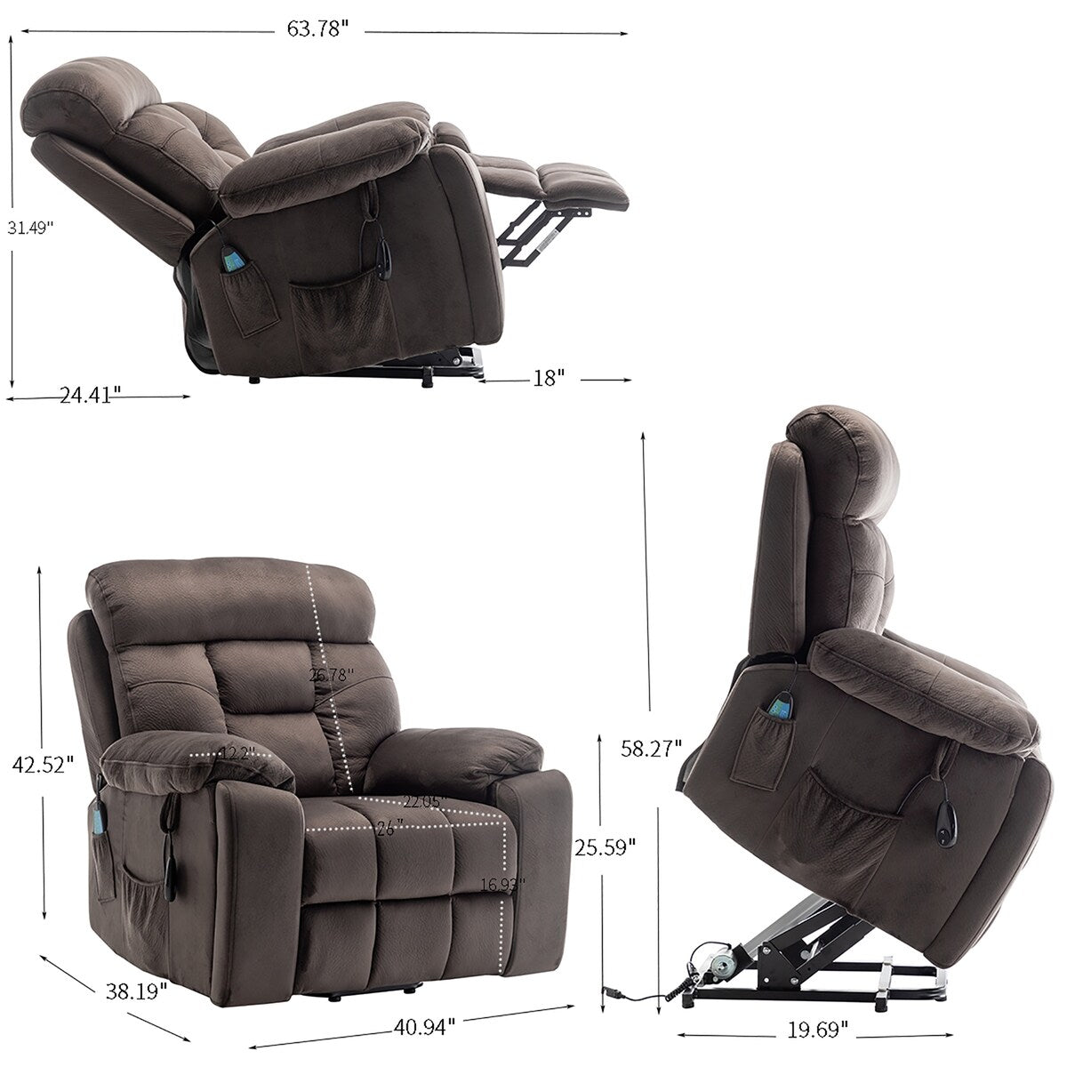 Fauteuil releveur électrique inclinable avec massage et chauffage.