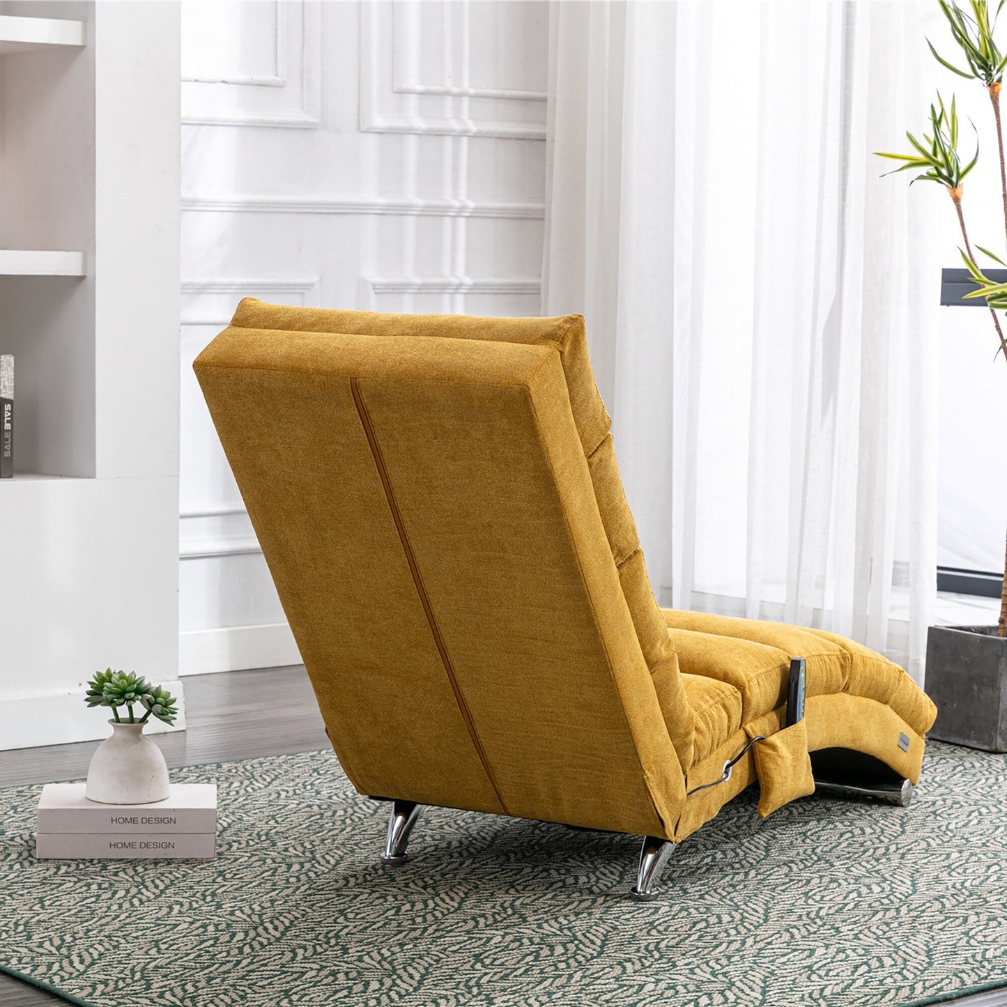 Chaise longue de massage ergonomique en lin, inclinable, capitonnée, avec fonction lit, télécommande et 5 modes de vibration.