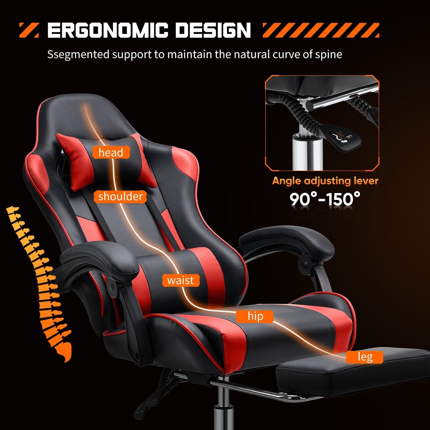 Fauteuil gaming inclinable ergonomique en cuir PU, pivotant à 360°, avec repose-pieds, repose-tête, soutien lombaire et hauteur réglable.