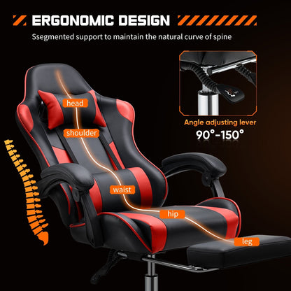Fauteuil gaming inclinable ergonomique en cuir PU, pivotant à 360°, avec repose-pieds, repose-tête, soutien lombaire et hauteur réglable.