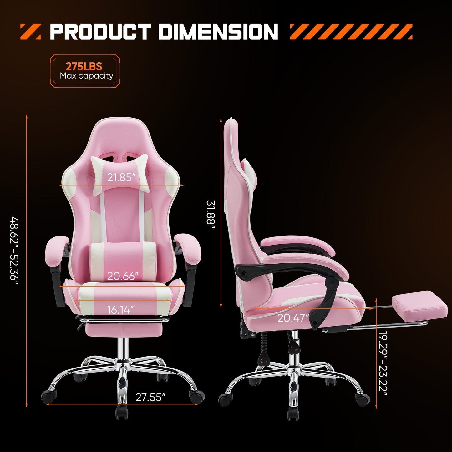 Fauteuil gaming inclinable ergonomique en cuir PU, pivotant à 360°, avec repose-pieds, repose-tête, soutien lombaire et hauteur réglable.