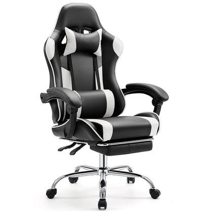 Fauteuil gaming inclinable ergonomique en cuir PU, pivotant à 360°, avec repose-pieds, repose-tête, soutien lombaire et hauteur réglable.