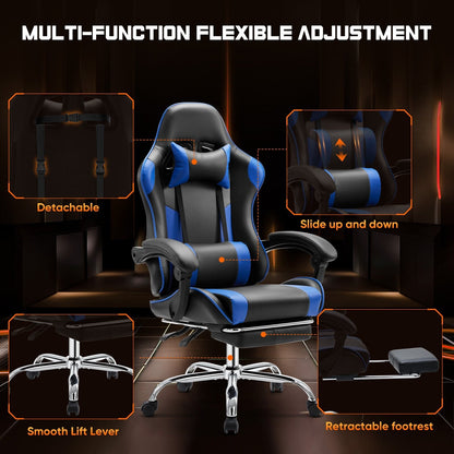 Fauteuil gaming inclinable ergonomique en cuir PU, pivotant à 360°, avec repose-pieds, repose-tête, soutien lombaire et hauteur réglable.