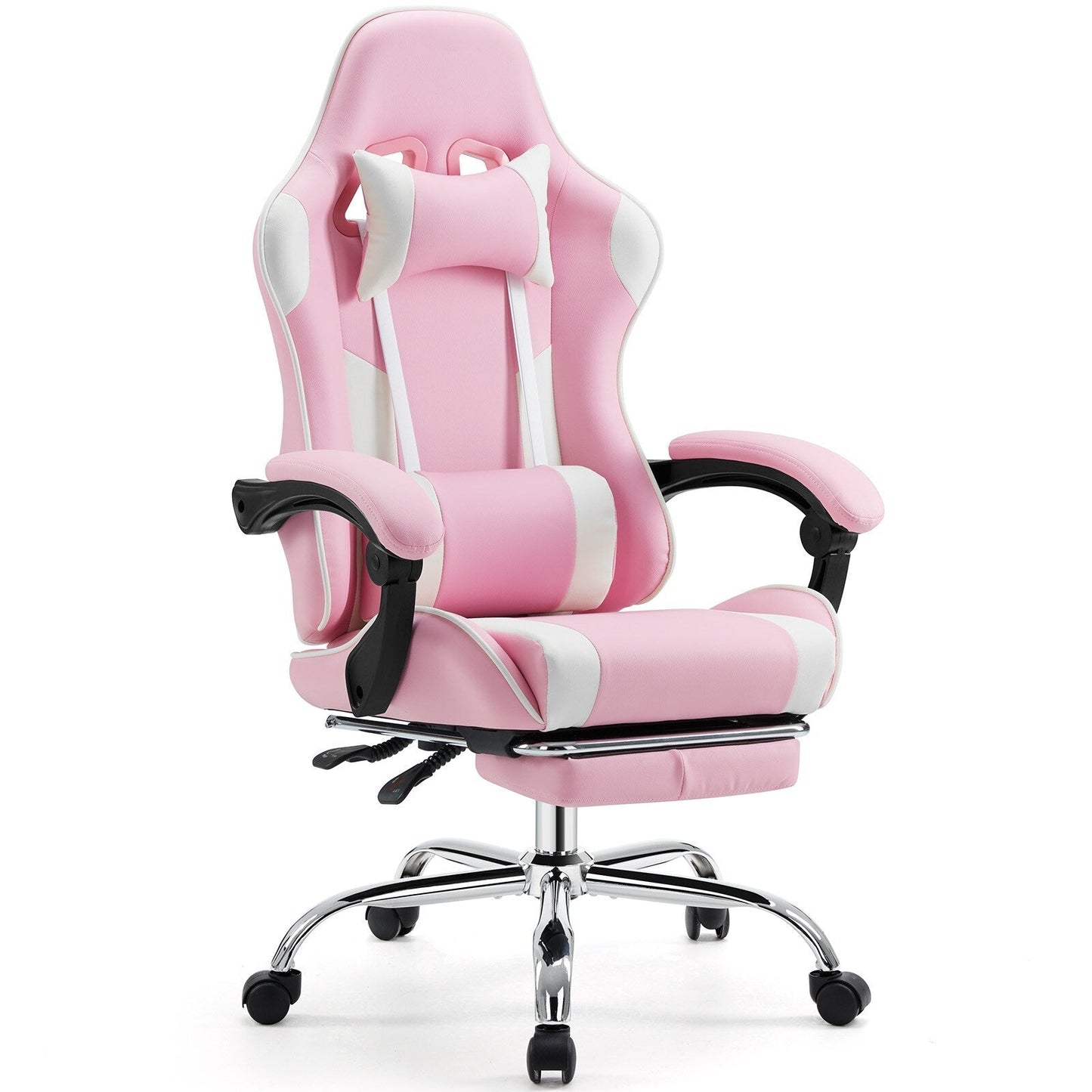 Fauteuil gaming inclinable ergonomique en cuir PU, pivotant à 360°, avec repose-pieds, repose-tête, soutien lombaire et hauteur réglable.