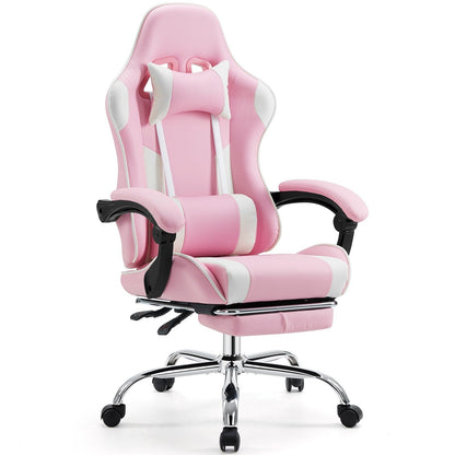 Fauteuil gaming inclinable ergonomique en cuir PU, pivotant à 360°, avec repose-pieds, repose-tête, soutien lombaire et hauteur réglable.