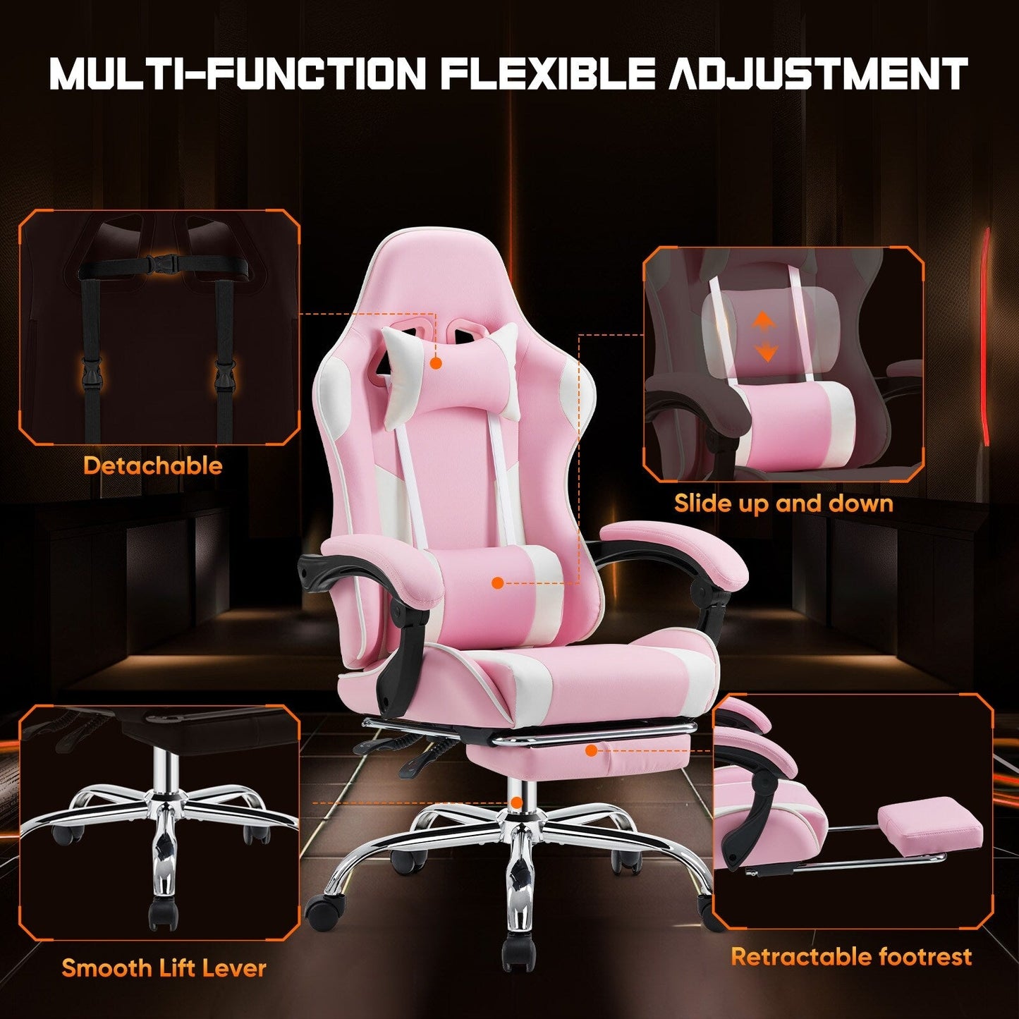 Fauteuil gaming inclinable ergonomique en cuir PU, pivotant à 360°, avec repose-pieds, repose-tête, soutien lombaire et hauteur réglable.