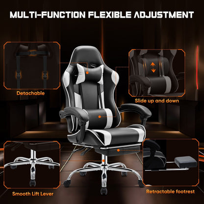 Fauteuil gaming inclinable ergonomique en cuir PU, pivotant à 360°, avec repose-pieds, repose-tête, soutien lombaire et hauteur réglable.