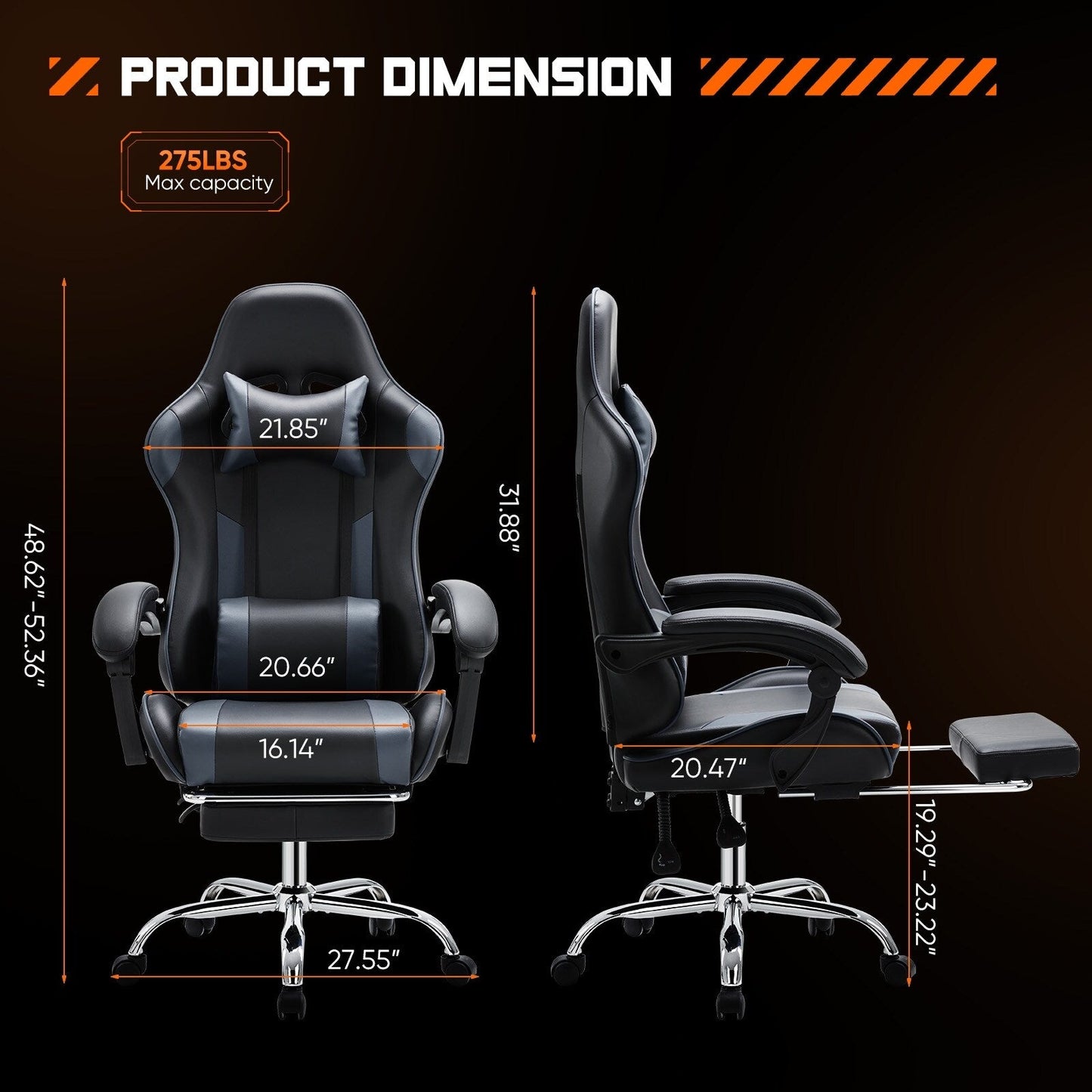 Fauteuil gaming inclinable ergonomique en cuir PU, pivotant à 360°, avec repose-pieds, repose-tête, soutien lombaire et hauteur réglable.