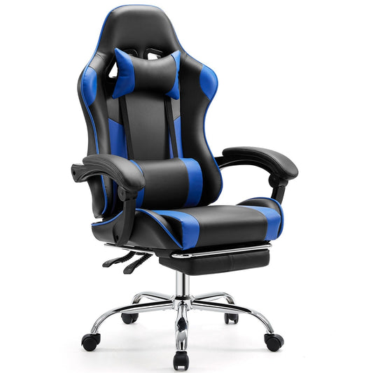 Fauteuil gaming inclinable ergonomique en cuir PU, pivotant à 360°, avec repose-pieds, repose-tête, soutien lombaire et hauteur réglable.