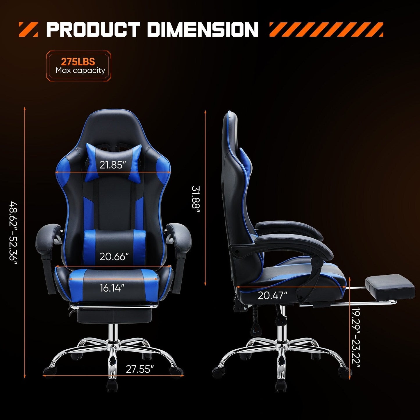 Fauteuil gaming inclinable ergonomique en cuir PU, pivotant à 360°, avec repose-pieds, repose-tête, soutien lombaire et hauteur réglable.