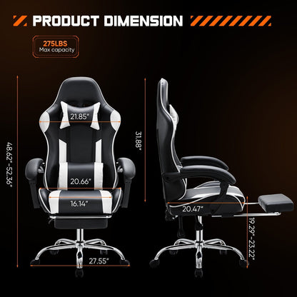 Fauteuil gaming inclinable ergonomique en cuir PU, pivotant à 360°, avec repose-pieds, repose-tête, soutien lombaire et hauteur réglable.