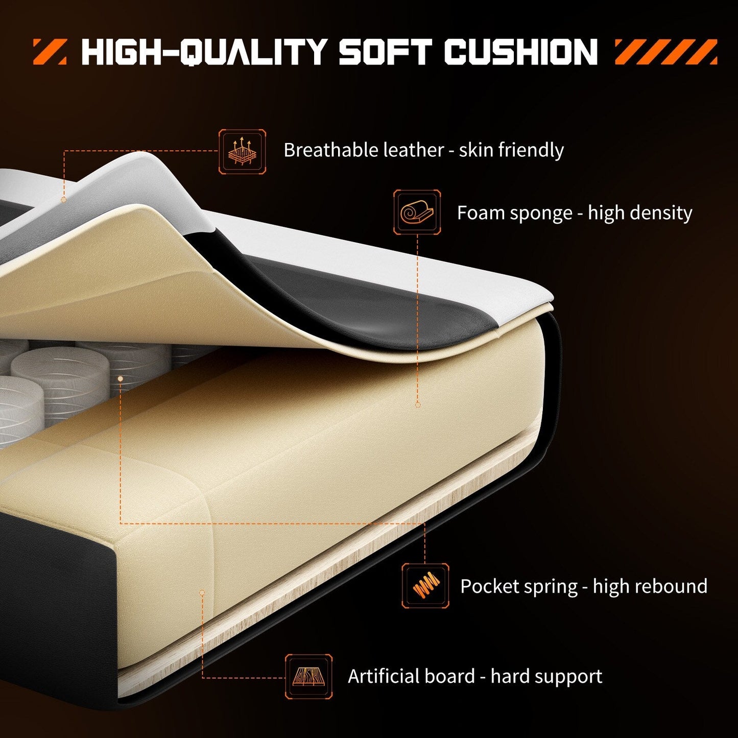 Fauteuil gaming inclinable ergonomique en cuir PU, pivotant à 360°, avec repose-pieds, repose-tête, soutien lombaire et hauteur réglable.