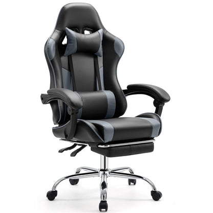 Fauteuil gaming inclinable ergonomique en cuir PU, pivotant à 360°, avec repose-pieds, repose-tête, soutien lombaire et hauteur réglable.