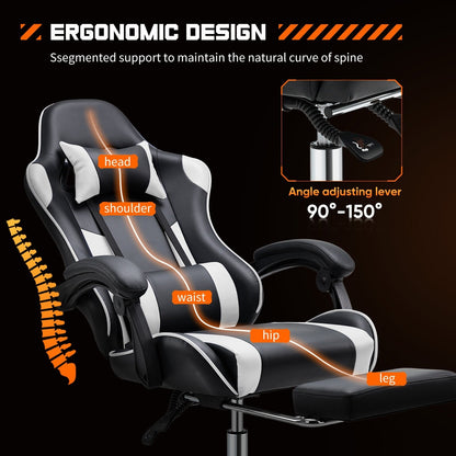 Fauteuil gaming inclinable ergonomique en cuir PU, pivotant à 360°, avec repose-pieds, repose-tête, soutien lombaire et hauteur réglable.