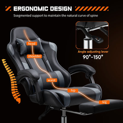 Fauteuil gaming inclinable ergonomique en cuir PU, pivotant à 360°, avec repose-pieds, repose-tête, soutien lombaire et hauteur réglable.