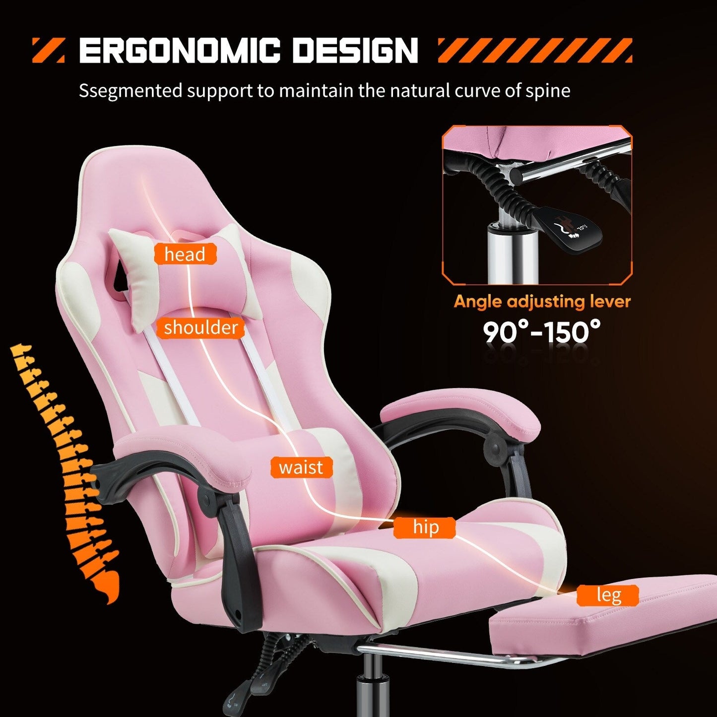 Fauteuil gaming inclinable ergonomique en cuir PU, pivotant à 360°, avec repose-pieds, repose-tête, soutien lombaire et hauteur réglable.