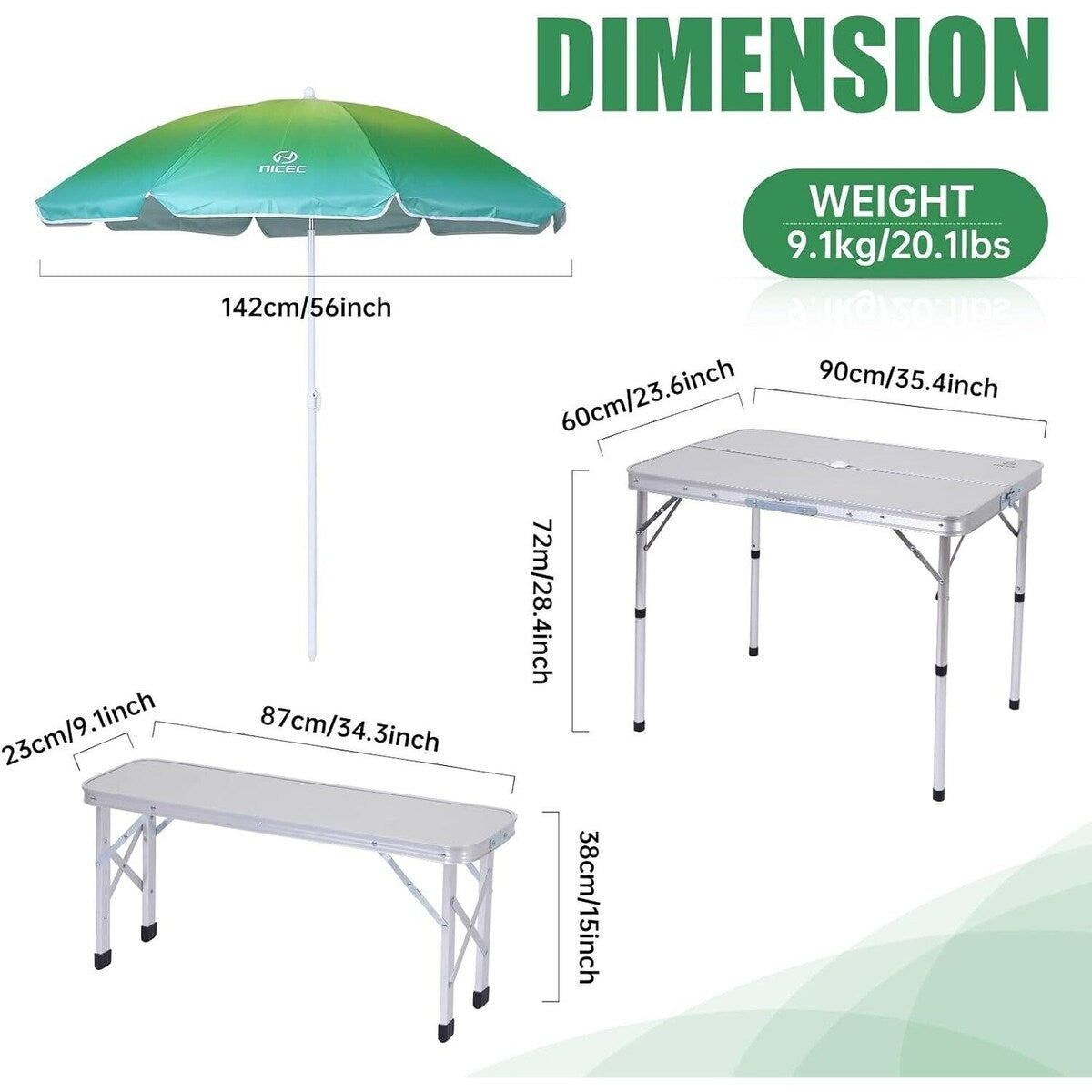 Table de pique-nique pliable et parasol, table de camping pour jardin, patio, pelouse, fête - Blanc avec parasol