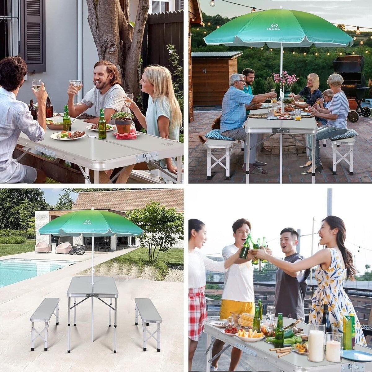 Table de pique-nique pliable et parasol, table de camping pour jardin, patio, pelouse, fête - Blanc avec parasol
