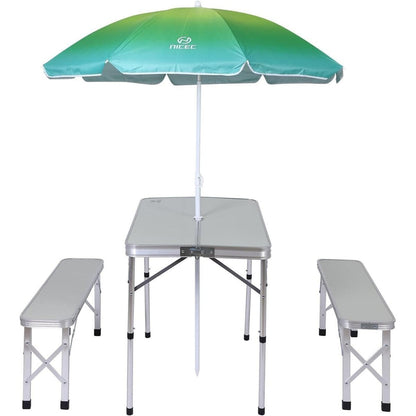 Table de pique-nique pliable et parasol, table de camping pour jardin, patio, pelouse, fête - Blanc avec parasol