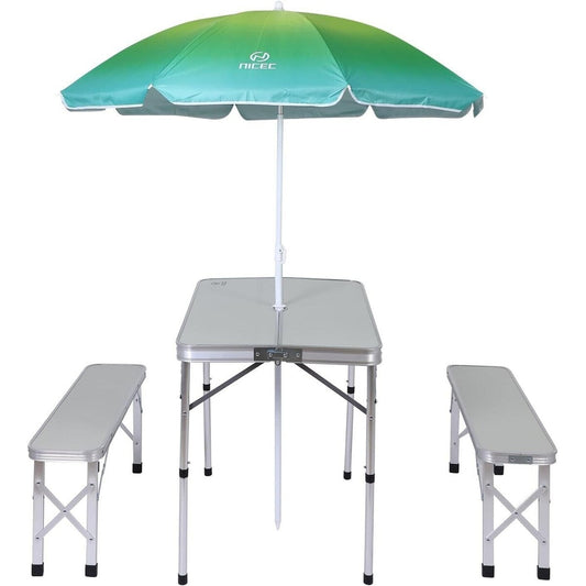 Table de pique-nique pliable et parasol, table de camping pour jardin, patio, pelouse, fête - Blanc avec parasol