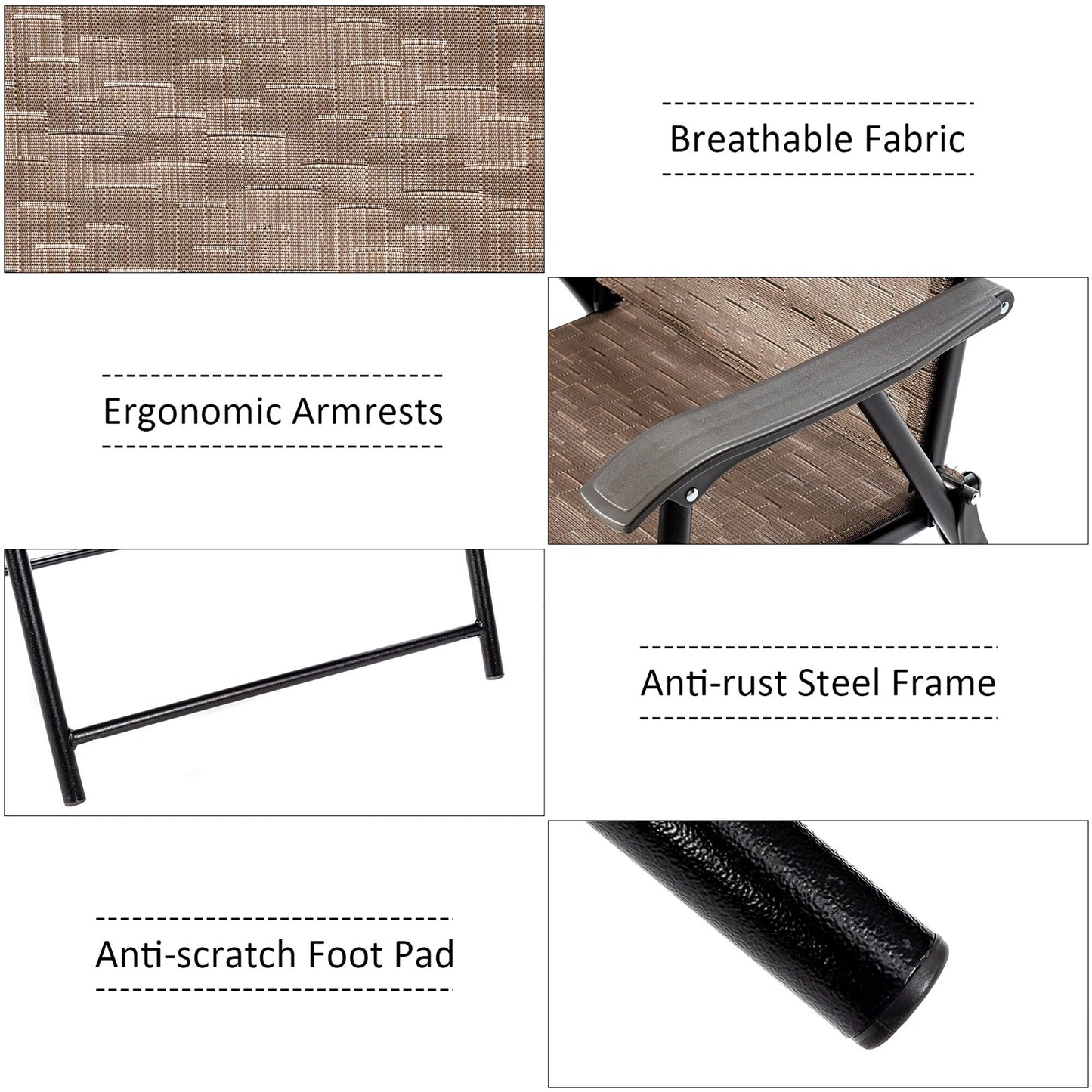 Ensemble de 2 chaises pliantes à dossier en toile pour patio, marron.