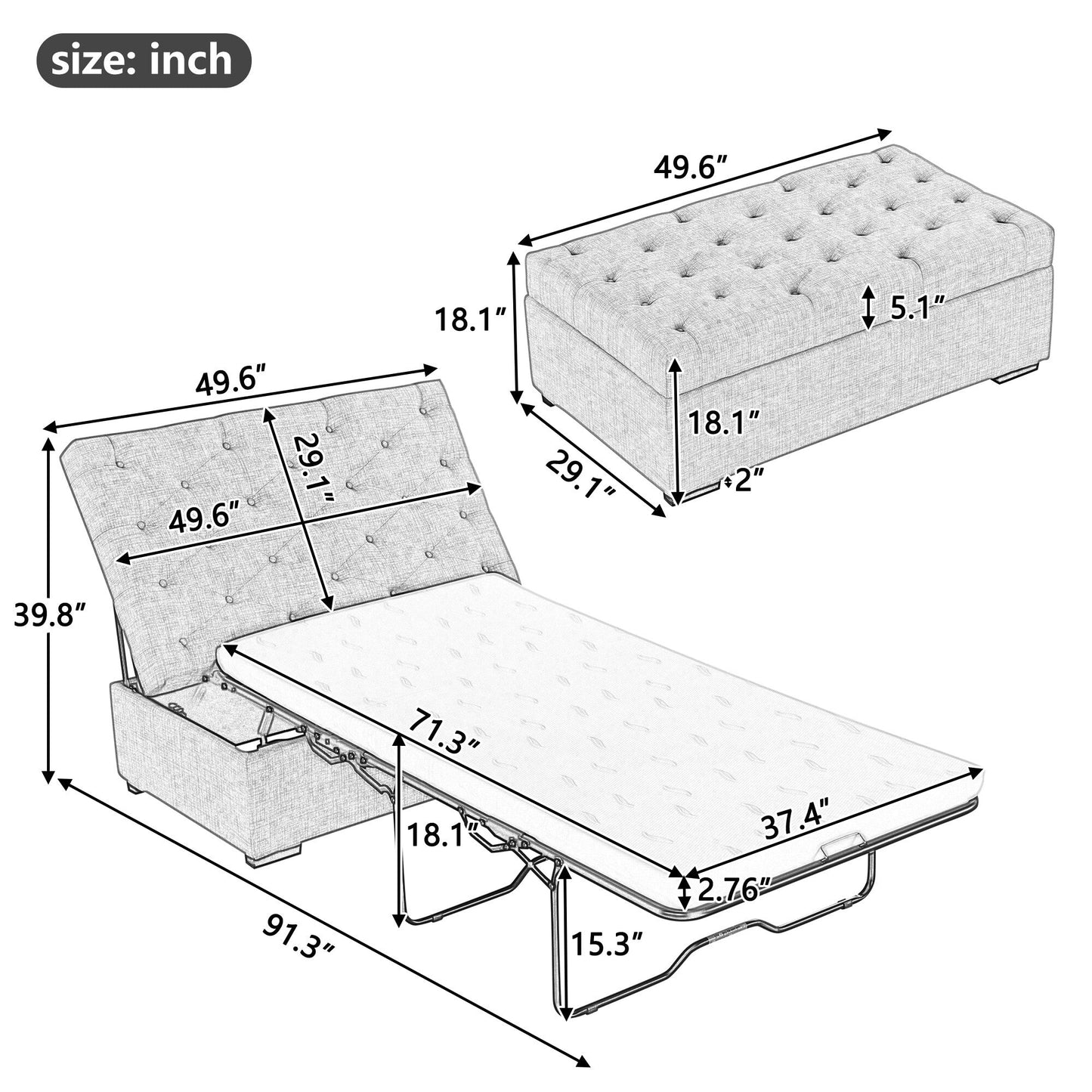 Canapé-lit pliable, pouf 49.6 avec canapé-lit pliable, pouf convertible avec fonction lit avec matelas à mémoire de forme et design capitonné.