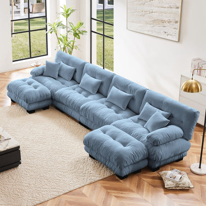 Canapé d'angle modulable en chenille 4 places avec 2 ottomans et coussin pour salon, à combiner à volonté.