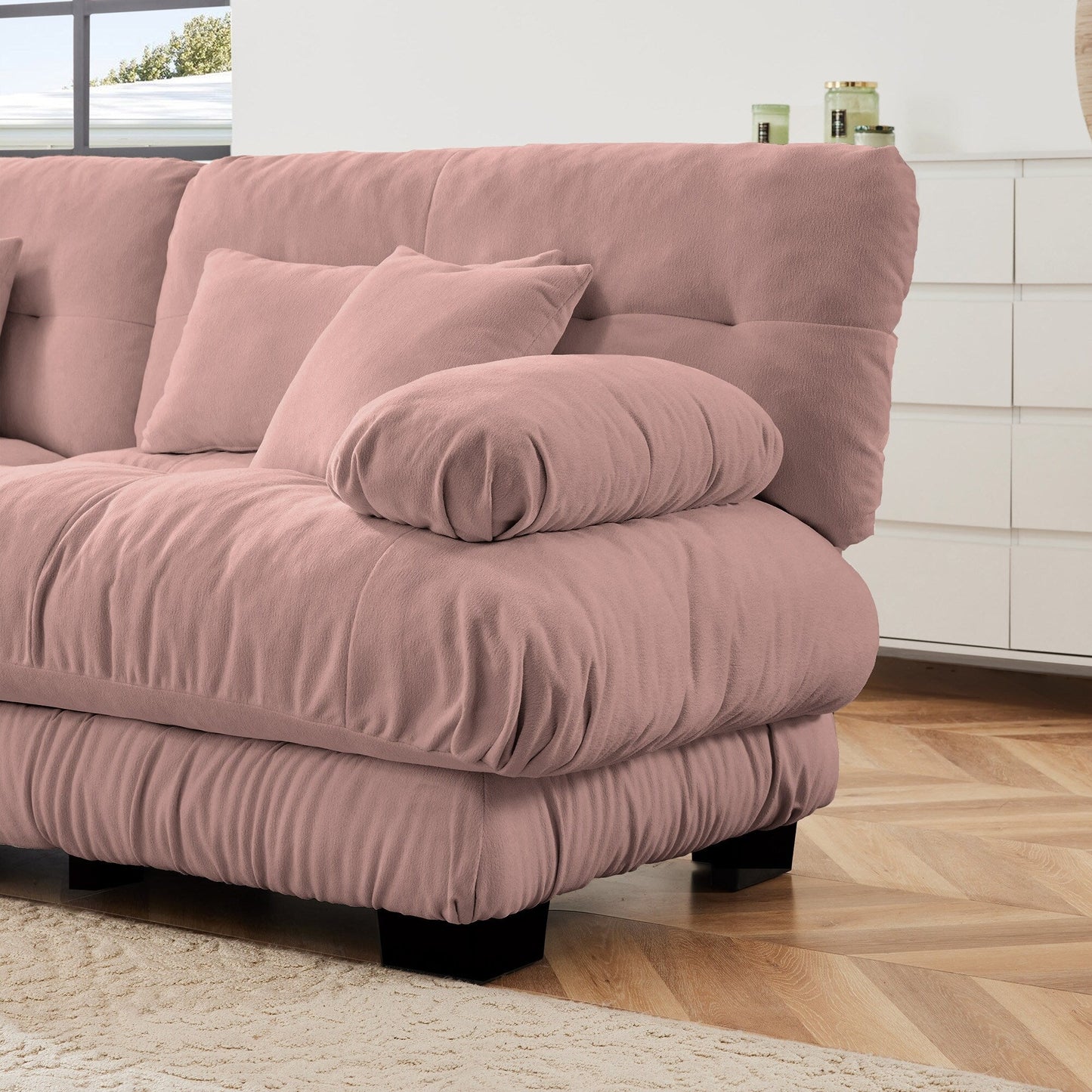 Canapé d'angle modulable en chenille 4 places avec 2 ottomans et coussin pour salon, à combiner à volonté.