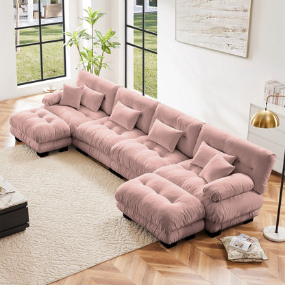 Canapé d'angle modulable en chenille 4 places avec 2 ottomans et coussin pour salon, à combiner à volonté.