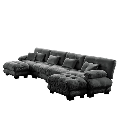 Canapé d'angle modulable en chenille 4 places avec 2 ottomans et coussin pour salon, à combiner à volonté.