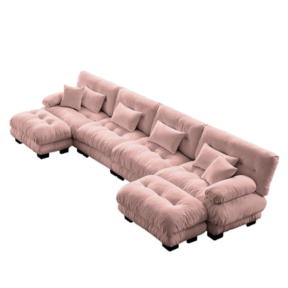 Canapé d'angle modulable en chenille 4 places avec 2 ottomans et coussin pour salon, à combiner à volonté.