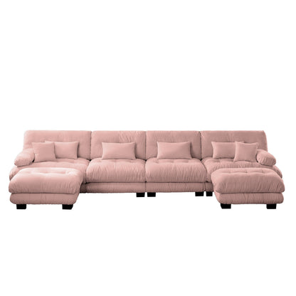 Canapé d'angle modulable en chenille 4 places avec 2 ottomans et coussin pour salon, à combiner à volonté.