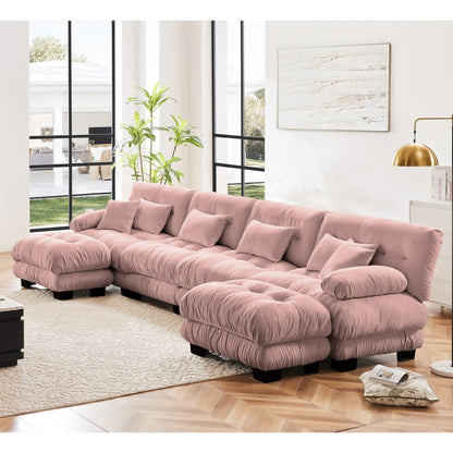 Canapé d'angle modulable en chenille 4 places avec 2 ottomans et coussin pour salon, à combiner à volonté.