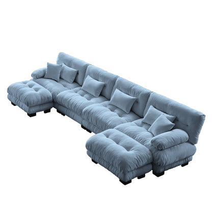 Canapé d'angle modulable en chenille 4 places avec 2 ottomans et coussin pour salon, à combiner à volonté.