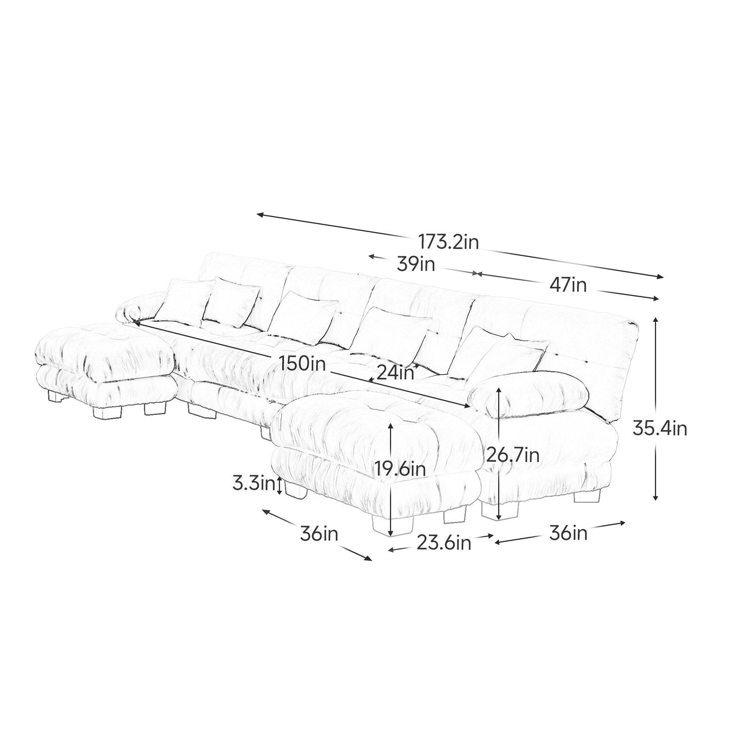 Canapé d'angle modulable en chenille 4 places avec 2 ottomans et coussin pour salon, à combiner à volonté.