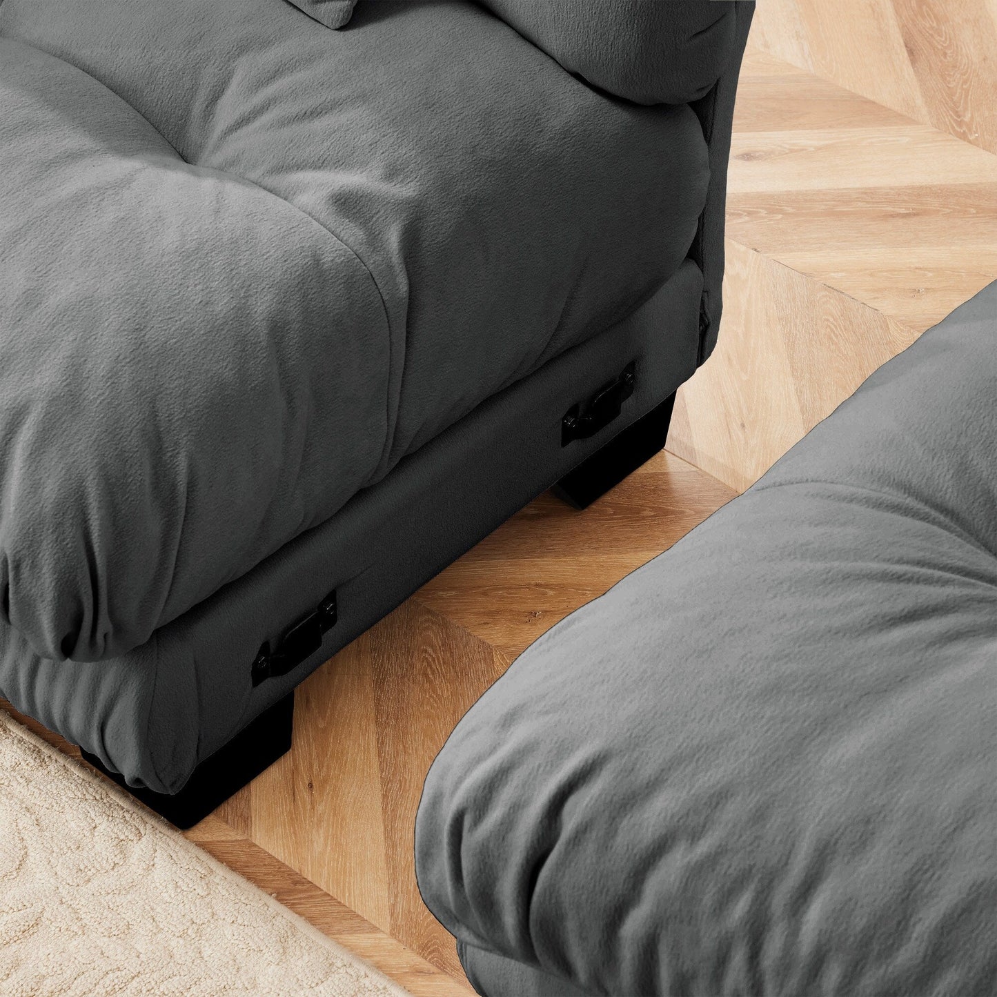 Canapé d'angle modulable en chenille 4 places avec 2 ottomans et coussin pour salon, à combiner à volonté.
