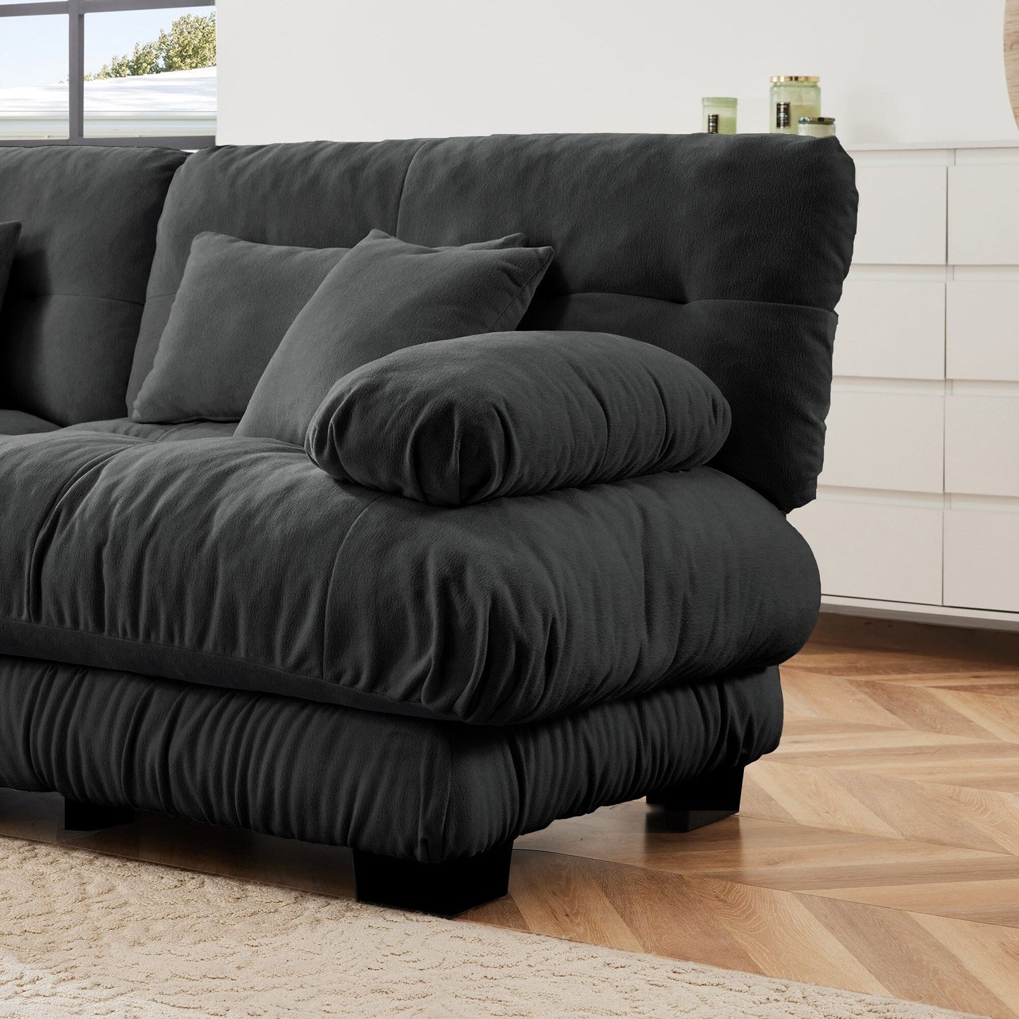 Canapé d'angle modulable en chenille 4 places avec 2 ottomans et coussin pour salon, à combiner à volonté.