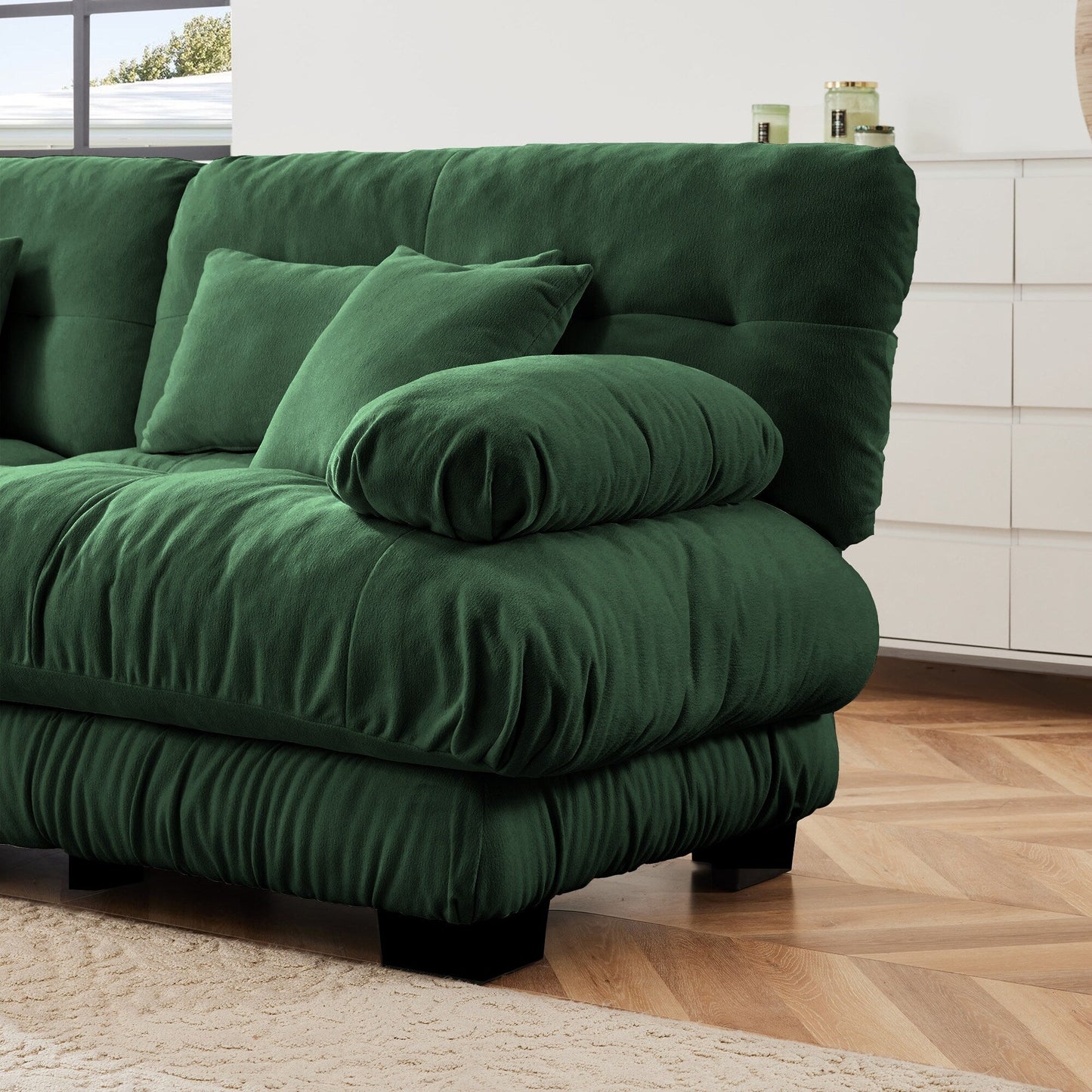 Canapé d'angle modulable en chenille 4 places avec 2 ottomans et coussin pour salon, à combiner à volonté.