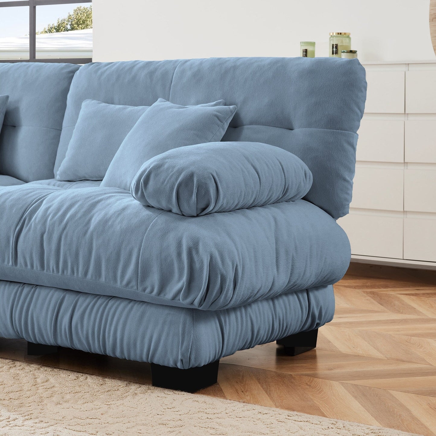 Canapé d'angle modulable en chenille 4 places avec 2 ottomans et coussin pour salon, à combiner à volonté.