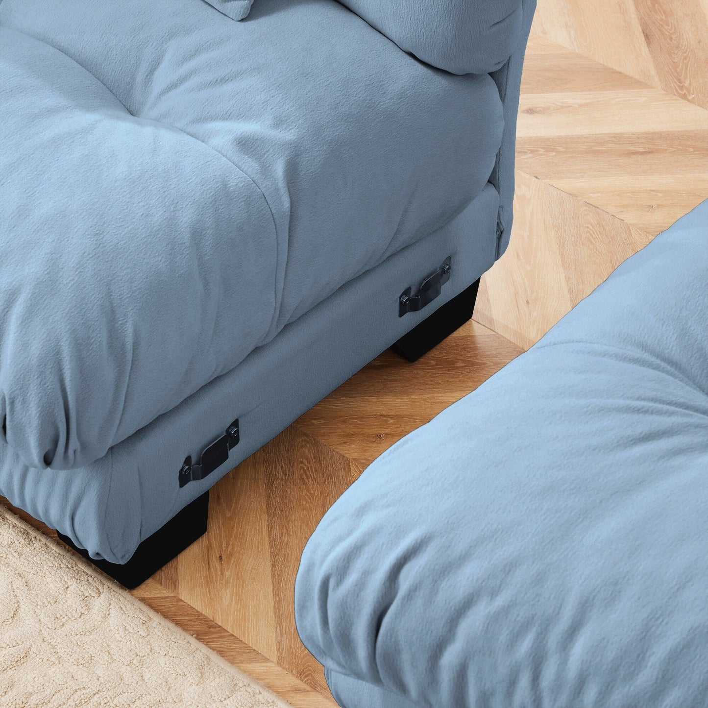 Canapé d'angle modulable en chenille 4 places avec 2 ottomans et coussin pour salon, à combiner à volonté.