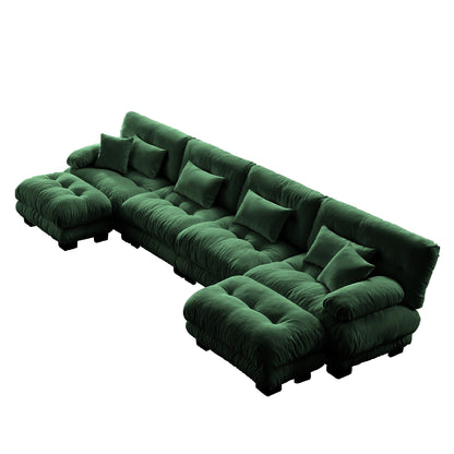 Canapé d'angle modulable en chenille 4 places avec 2 ottomans et coussin pour salon, à combiner à volonté.
