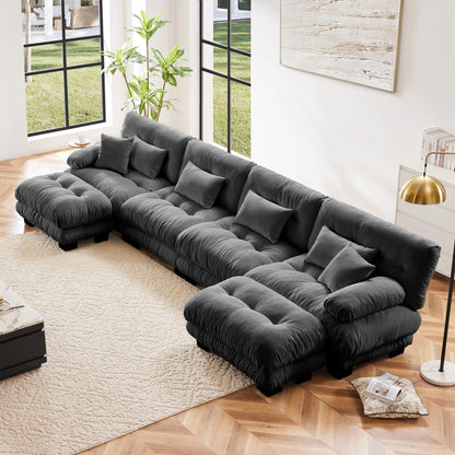 Canapé d'angle modulable en chenille 4 places avec 2 ottomans et coussin pour salon, à combiner à volonté.