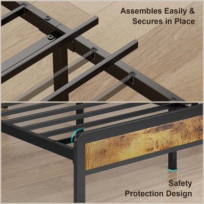 Cadre de lit à plateforme en métal pour lit jumeau / double / queen / king size avec tête de lit rembourrée et rangement.