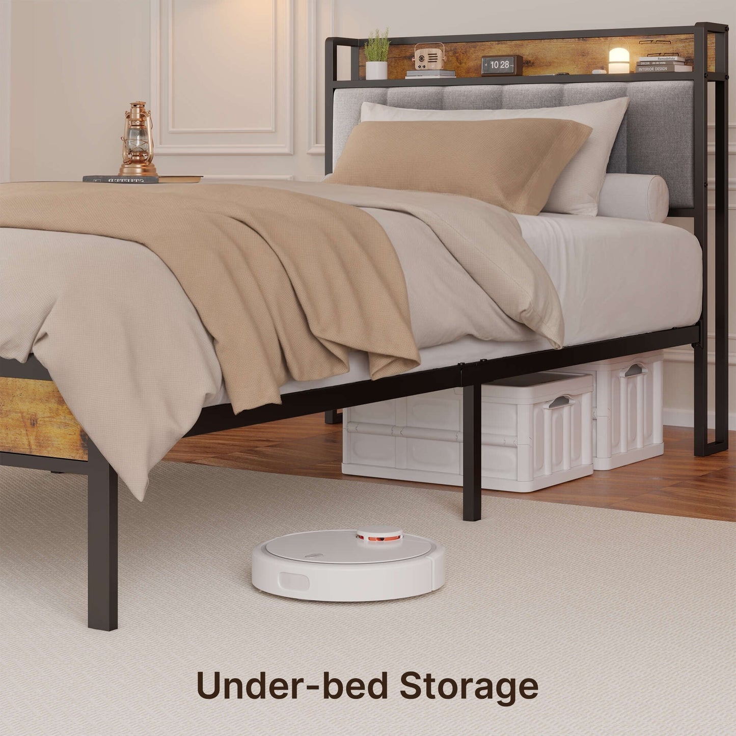 Cadre de lit à plateforme en métal pour lit jumeau / double / queen / king size avec tête de lit rembourrée et rangement.