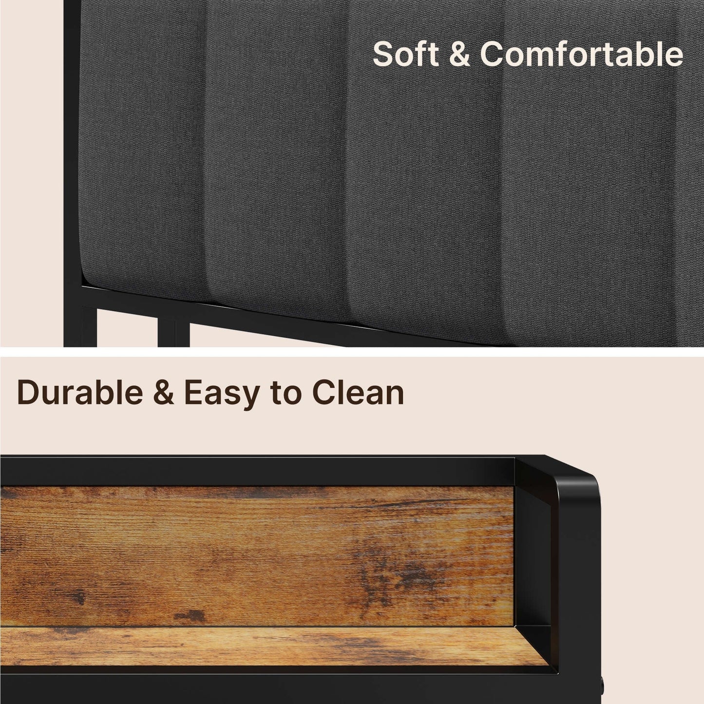 Cadre de lit à plateforme en métal pour lit jumeau / double / queen / king size avec tête de lit rembourrée et rangement.