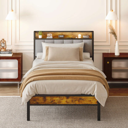 Cadre de lit à plateforme en métal pour lit jumeau / double / queen / king size avec tête de lit rembourrée et rangement.